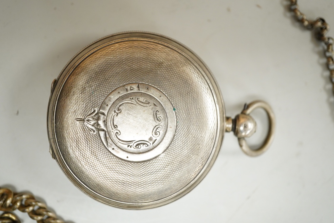 A late Victorian silver 'Improved Patent' open faced pocket watch, with Roman dial and subsidiary seconds, together with four other silver or white metal pocket/fob watches and three base metal chain sections.